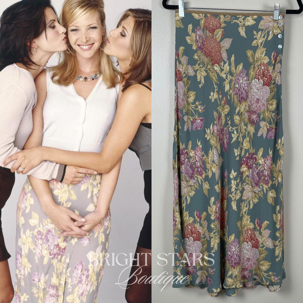Super Rare Floral Maxi Skirt ASO Phoebe Buffay Friends Green VTG 90s